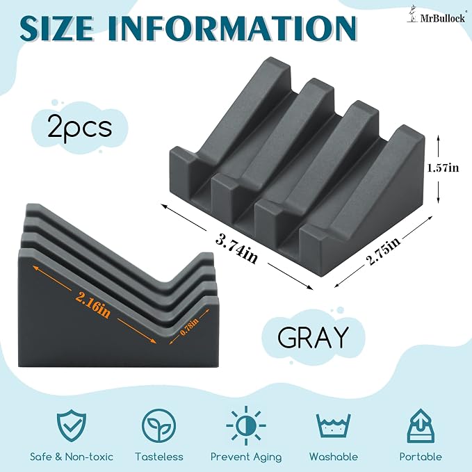 Self Draining Silicone Soap Dish Holder Waterfall Tray, 2 Pack Grey | Waterfall design drains fast to keep soap dry, non-slip silicone base anti slide, soap saver for bathroom & kitchen
