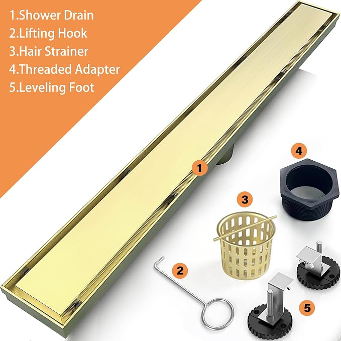 32 Inch Linear Shower Drain Bathroom Kitchen Golden Floor Drain Removable Capsule Pattern Cover Accessories Shower Drain 304 Stainless Steel Drain with Hair Strainer Adjustable Leveling Feet