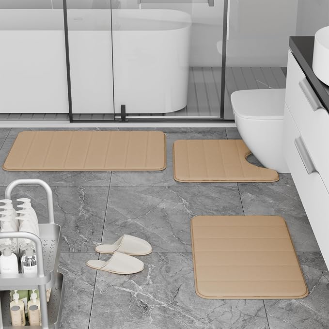 RUN HELIX Memory Foam Bath Mat Set 3 Piece, Soft and Comfortable, Super Water Absorption, Non-Slip, Thick, Machine Wash, Easier to Dry for Bathroom Floor Rug, Beige Toilet Rug Bathroom Set