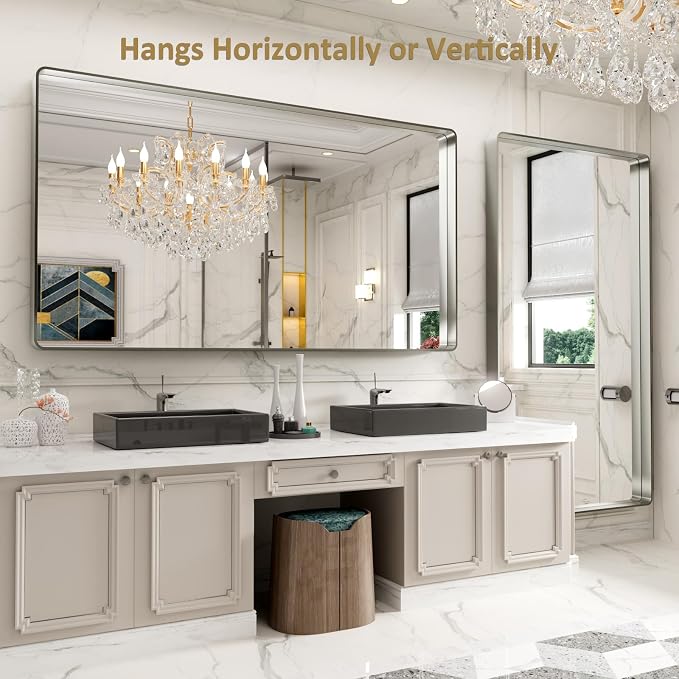 LOAAO 72X40 Inch Brushed Nickel Bathroom Mirror | Rounded Rectangle, Silver Metal Frame, Anti-Rust, Hangs Horizontally or Vertically, Tempered Glass