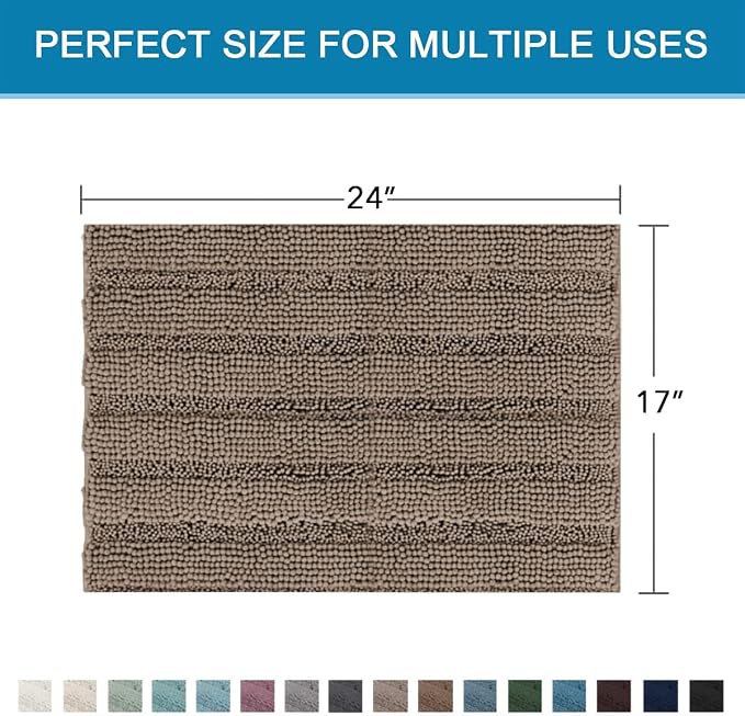 H.VERSAILTEX Bathroom Rugs Bath Rugs for Bathroom Non Slip Bath Mats Extra Thick Chenille Striped Rug 17" x 24" Absorbent Soft Shaggy Washable Dry Fast Bath Mats for Bath Room Floor - Taupe Brown