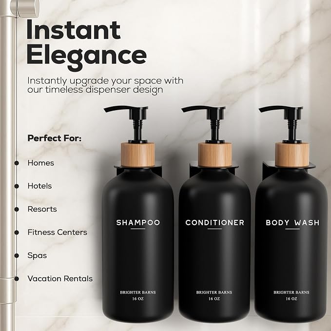 Black Shampoo and Conditioner Dispenser Set Wall Mounted by Brighter Barns - Shampoo Dispenser for Shower Wall 3 Chamber No Drill - Shower Bottles Refillable with Labels for Bathroom, Airbnb (Black)