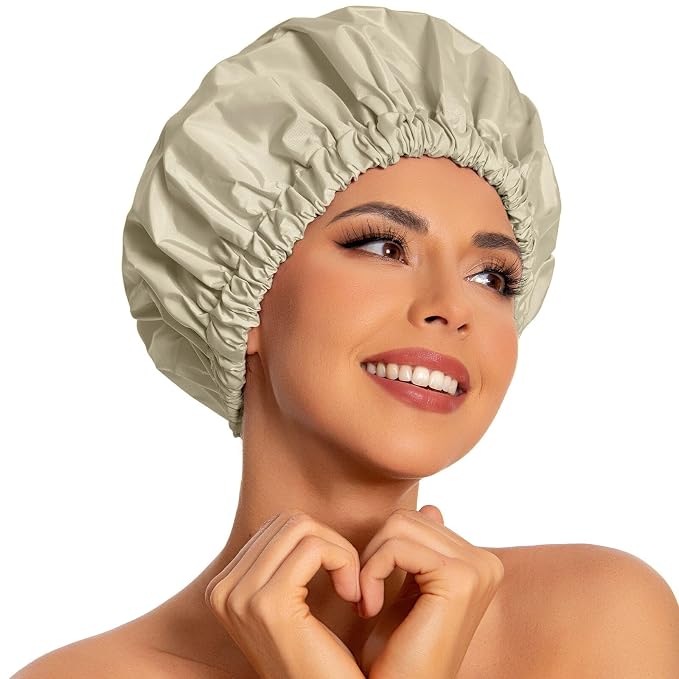 Edoneery Shower Caps for Women Reusable Waterproof, Shower Hair Cap | Washable Bonnet, Wide Elastic Band, Large Fit, Holds Long Hair, Braids Friendly, Bath Accessories, Spa, Travel