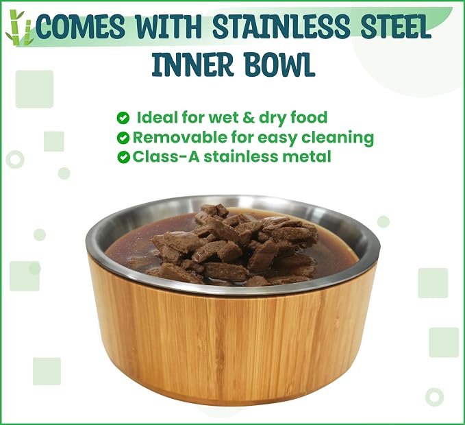 Elevated Dog Bowl for Mid-Large Breed, (12-Inch High, 64-oz) | Raised Food and Water Bowl with Stand, Flip-Resistant - Real Bamboo and Stainless Steel