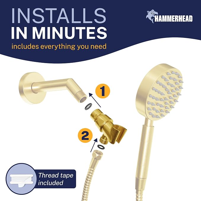 HammerHead Showers Solid Metal Handheld Showerhead Holder, Adjustable Wand Holder with Universal Wall Hook Bracket and Brass Pivot Ball, Brushed Gold