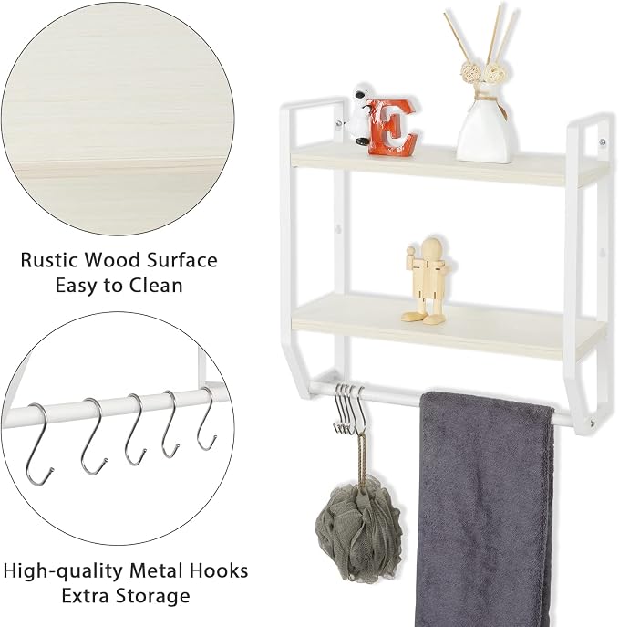 OYEAL Bathroom Shelf with Towel Bar Wall Mounted Towel Rack Rustic Towel Shelf for Bathroom with 5 Hooks, 2 Tier Shelf Storage Organizer for Living Room, Kitchen, Bedroom, White