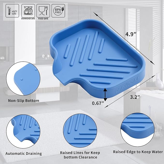 MicoYang Silicone Soap Dish with Drain Spout, Self-Draining Sink Organizer Tray for Bathroom & Kitchen, Sponges, Dispensers & Soap Holder, Non-Slip & Dishwasher Safe, Lichen Blue (Compact, 4.9"×3.2")