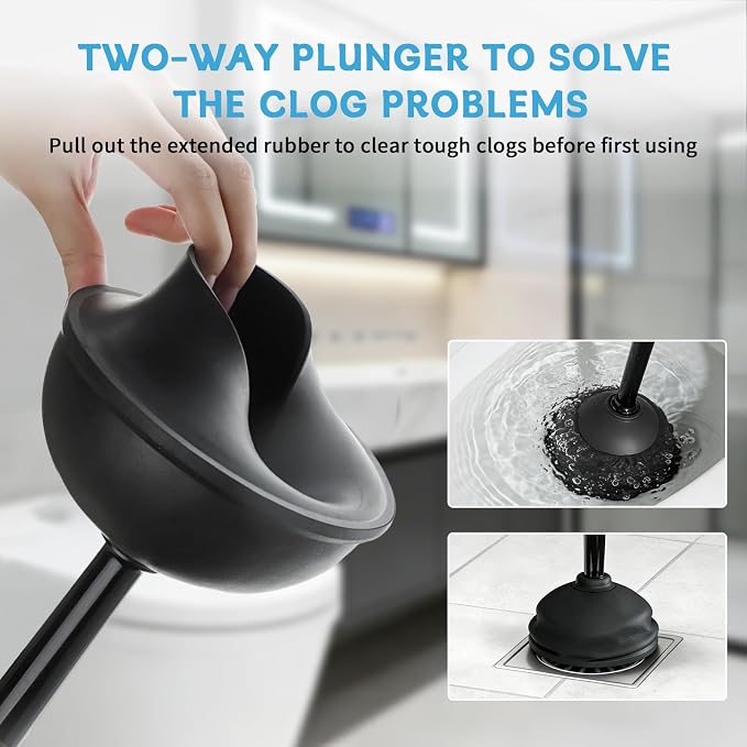 Sellemer Toilet Brush and Plunger Set, Curved Head for Deep Cleaning, Black | Brush and Plunger set, Curved Nylon Bristles for Deep Clean, Strong Suction Plunger, Ventilated Holder for Quickly Air Dry