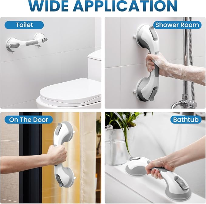 LEVERLOC Grab Bars for Shower Suction Bathtub Safety Rails, Heavy Duty 12 Inch Shower Handle Removable Bath Handrails for Seniors and Elderly, Bathroom Safety Grip No Drilling Waterproof Grey