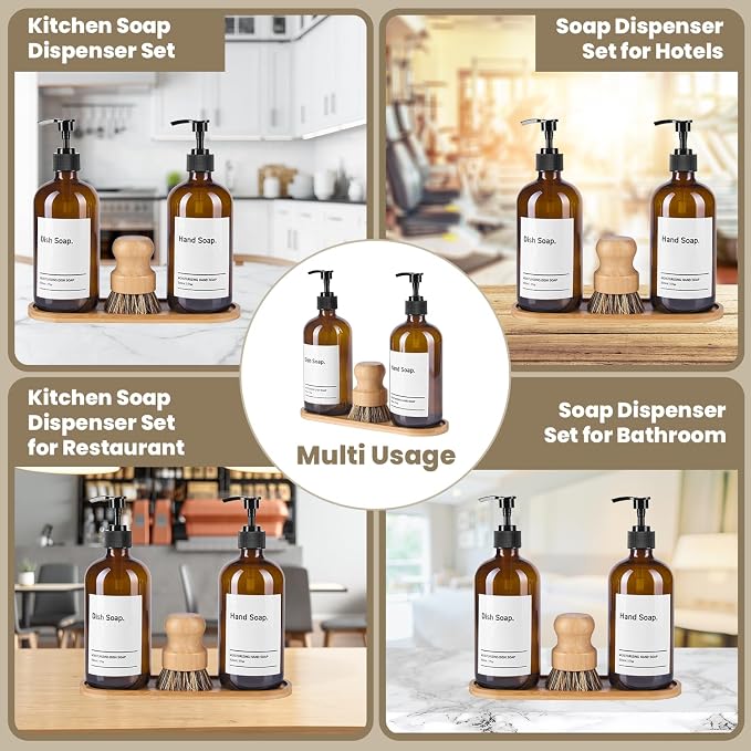 SIDIQI Design Glass Soap Dispenser Set of 2 with Plastic Pumps, Bamboo Tray, Brush & Labels - Ideal for Bathroom & Kitchen Countertop - 500ml/17 Oz