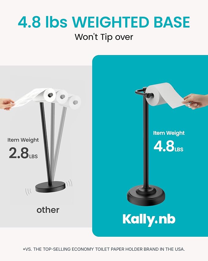 Freestanding Matte Black Toilet Paper Holder Stand, 4.82 LB Weighted Base Toilet Paper Stand, 304 Stainless Steel PVD One-Piece Pole, Pivoting Arm Fits Mega Rolls, No Drilling, 22 Inch