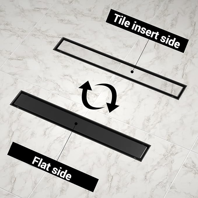 EXF Linear Shower Drain 28 Inch Matte Black with Reversible Flat & Tile Insert Cover, Stainless Steel Rectangle Shower Floor Drain with Hair Catcher, Adjustable Feet