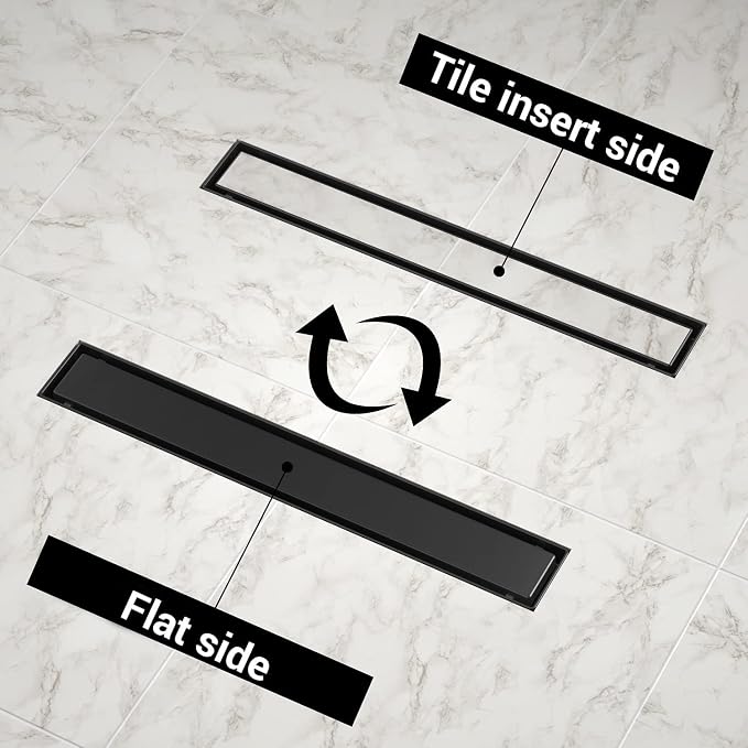 EXF Linear Shower Drain 36 Inch Matte Black with Reversible Flat & Tile Insert Cover, Stainless Steel Rectangle Shower Floor Drain with Hair Catcher, Adjustable Feet