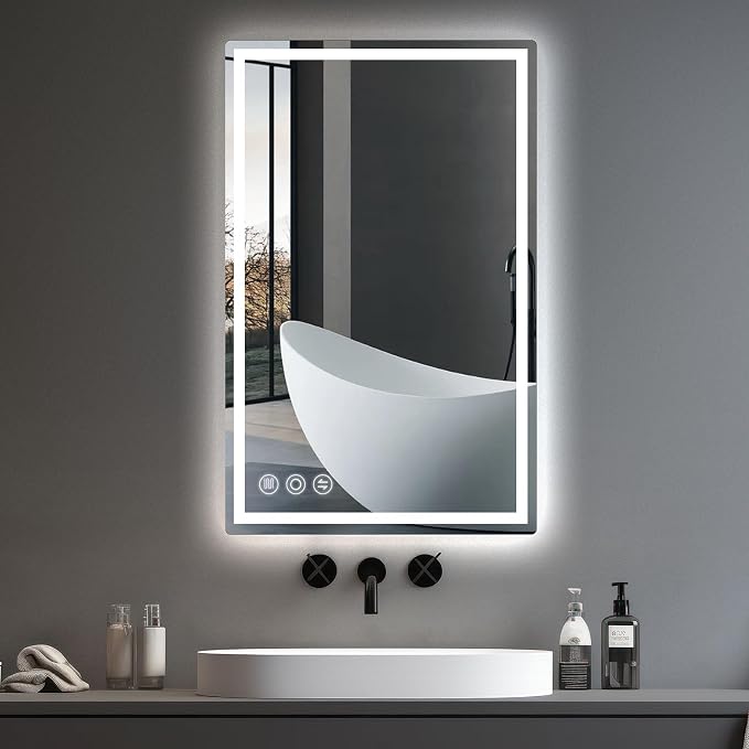 Memobarco 24" x 40" LED Bathroom Mirror with Lights, Memory Vanity Mirror | Anti-Fog, 3 Color Modes, Dimmable, Front Lit, Memory Function, Tempered Glass, Lighted Bathroom Mirror for Wall
