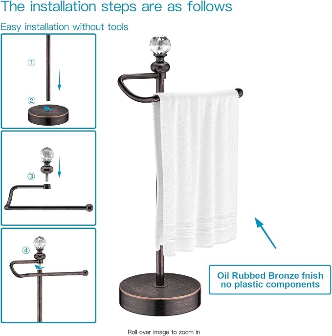 ROLABAM Bathroom Hand Towel Holder with Crystal Ball, Countertop Towel Holder Stand 15.7” H, Stainless Steel Classic Vintage Hand Towel Rack Stand with Heavy Weighted Base (Oil Rubbed Bronze, 2 Pack)