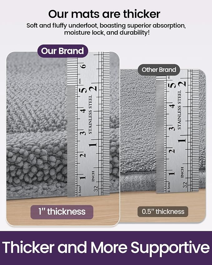 DEXI Memory Foam Bath Mat 36x24, Thick Chenille Bathroom Rug, Light Grey | Ultra Soft Absorbent, Non Slip Quick Dry, Cushion Plush Bath Carpet for Tub Shower, Sink