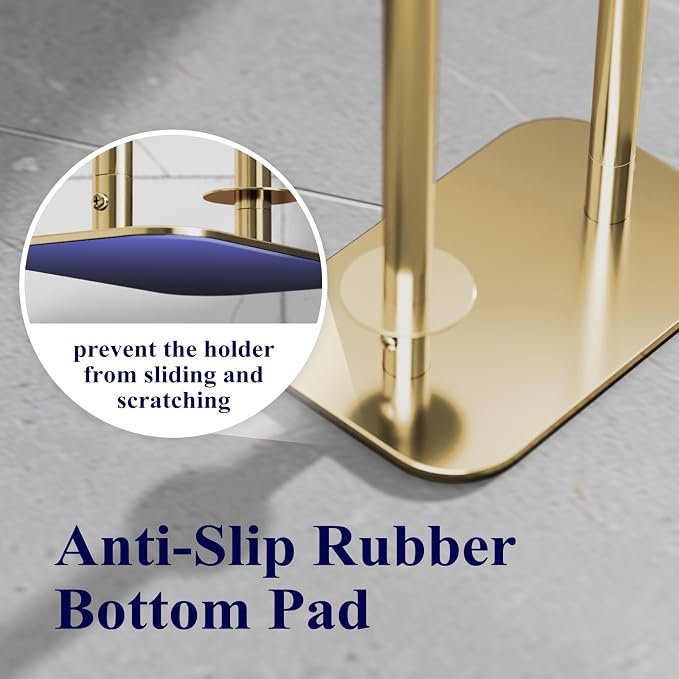Kitsure Metal Toilet Paper Holder Free Standing, Medium, Chrome Gold | Rustproof Toilet Paper Stand for 4 Rolls, Bathroom Organizers and Storage with Anti-Slip Base and Plastic Shelf