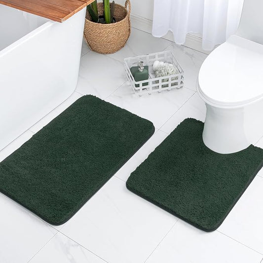 MIULEE Dark Green Bathroom Rugs Set 2 Piece Soft Bath Mats 20x20+16x24 Inch | Absorbent Microfiber Bath Mat and U-Shaped Toilet Rug, Non Slip, Quick Dry, for Bathroom Floor Tub Showers, Machine Washable
