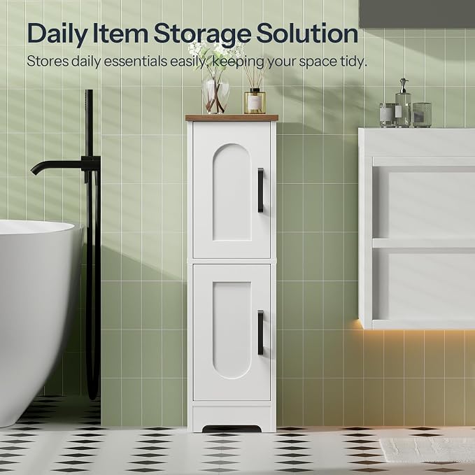HOOBRO Small Bathroom Storage Cabinet, Farmhouse Corner Floor Storage Cabinet with 2 Doors and Adjustable Shelves, Toilet Paper Cabinet for Small Spaces, 8.3" D x 8.3" W x 30.7" H, White and Walnut