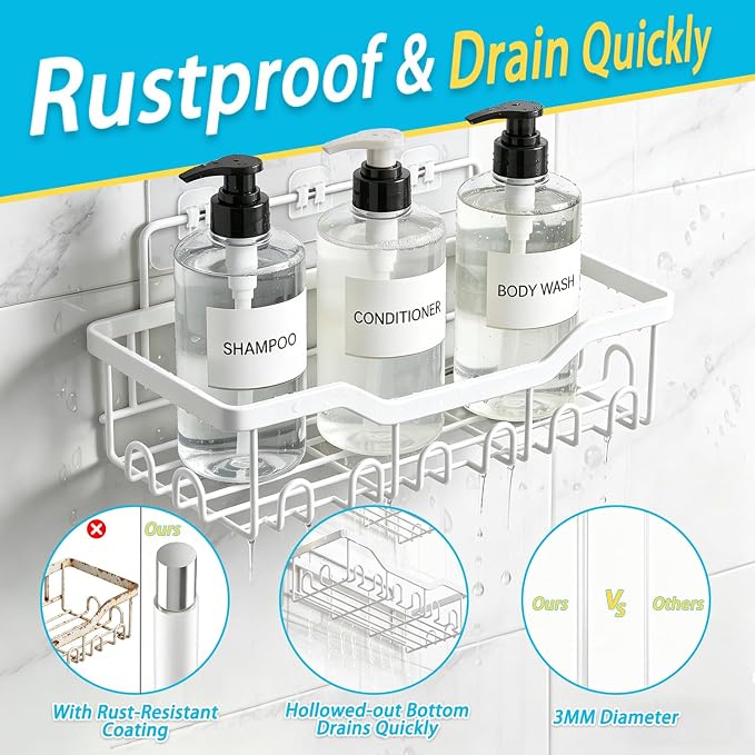 Fammart Adhesive Shower Caddy, 5-Pack Rustproof Stainless Steel Bathroom Organizer with 28 Hooks, No-Drill Large Capacity Shower Shelves for Bathroom Storage & Home Décor, White