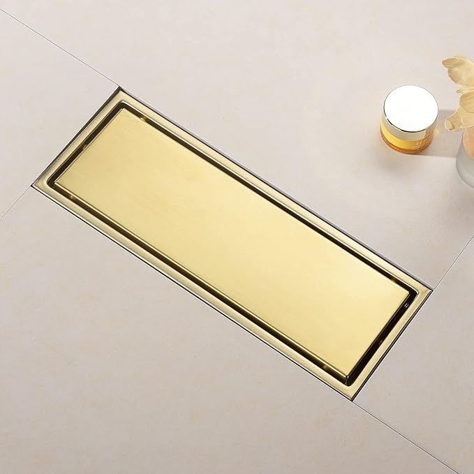Linear Shower Drain Pipe 12 Inches Brushed Gold, with Tile Insert Grille, Detachable Hidden Cover, SUS304 Stainless Steel Rectangular Floor Drain