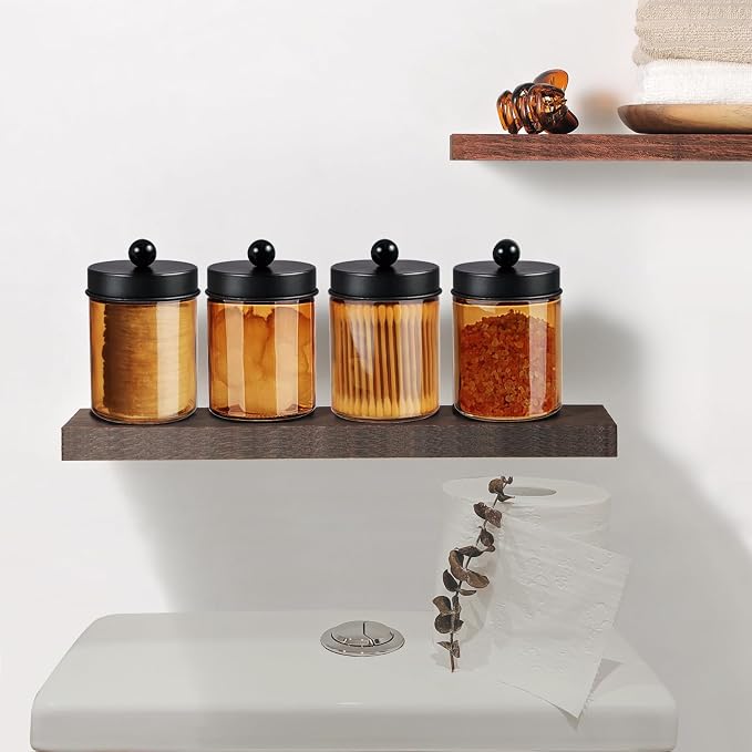 Amolliar Amber Glass Qtip Holder, Apothecary Jars with Black Metal Lid & Stickers-Bathroom Qtip Dispenser Storage Organizer Set, Vanity Countertop Canister for Cotton Swabs, Floss Container(1 Pack)