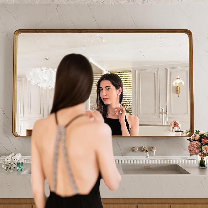 LOAAO 60X30 Inch Bathroom Mirror with Wood Grain Colored Metal Frame | Rounded Rectangle Metal Framed, Anti-Rust, Hangs Horizontally or Vertically, Tempered Glass