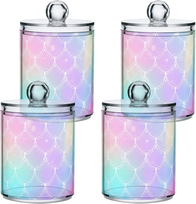 2 Pack Qtip Holder Dispenser for Cotton Ball Rainbow Scales Mermaid Cotton Swab Cotton Round Pads Clear Plastic Acrylic Jar Set Bathroom Canister