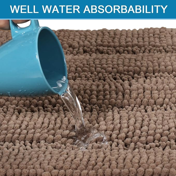 H.VERSAILTEX Bathroom Rugs Bath Rugs for Bathroom Non Slip Bath Mats Extra Thick Chenille Striped Rug 17" x 24" Absorbent Soft Shaggy Washable Dry Fast Bath Mats for Bath Room Floor - Taupe Brown