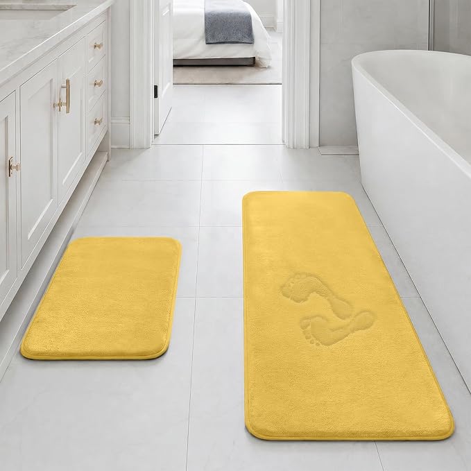 Bathroom Rugs Sets 2 Piece, Non-Slip & Quick Dry Bath Mat Set, Ultra Soft Velvet Bath Rugs for Bathroom, Toilet and Shower Floor, Yellow