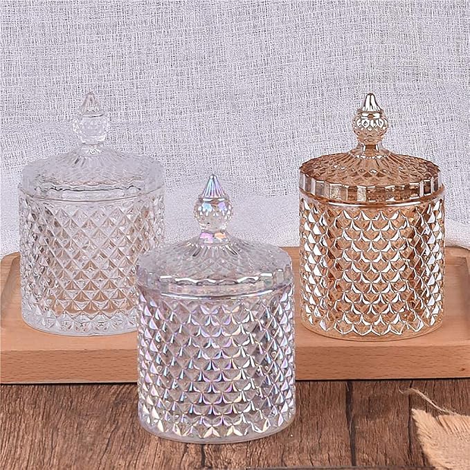 Colorful Home Decorative Jar Qtips Holder Dispenser Glass Storage Container Bathroom Counter Vanity Organizer for Bath Salts/Swabs/Rounds Makeup Sponges Toothpick Jewelry(Amber,10 oz)