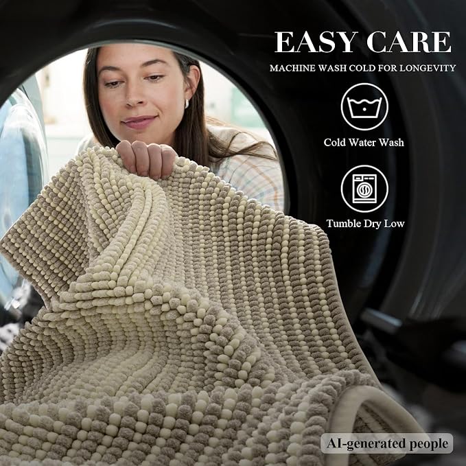 BSICPRO Bathroom Rugs, 20x32 Chenille Bath Mats, Sand | Extra Soft Absorbent, Non Slip Striped, Quick Dry Machine Washable, Shower Rug for Bathroom Bedroom Decor