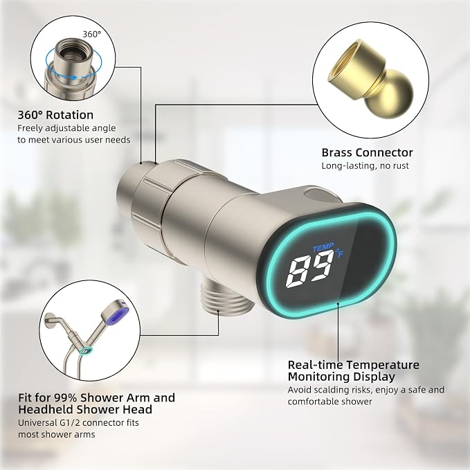 Hibbent Upgraded Metal Shower Head Holder with LED Display Shower Thermometer, Adjustable Shower Arm Mount for Handheld Shower Head, Universal Shower Head Bracket, Solid Brass Ball, Brushed Nickel