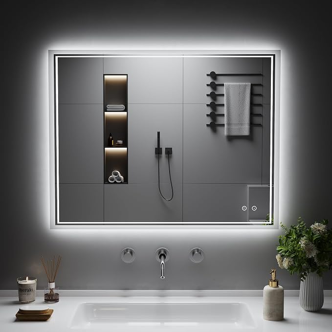 LED Mirror for Bathroom, 28"x36" Lighted Vanity Mirror with Anti-Fog, IP44 Waterproof, 3 Colors Dimmable, Backlit, Memory Function, Touch Control Wall Mount Bathroom Mirror, Horizontal/Vertical