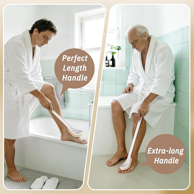 New Foot Brush with Adjustable Long Handle, 3-in-1 Foot Scrubber for Wet or Dry Brushing, 10.2’’- 27.5’’ Foot Scrub Brush for Senior, Pregnant, Disabled, or Injured, Gift-Box Packed(White)