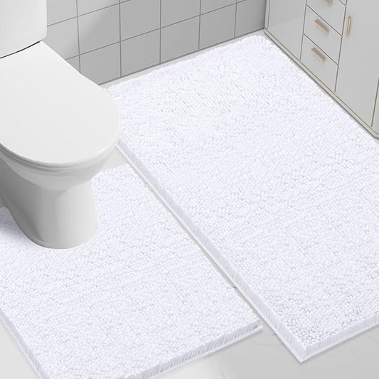 Smiry Chenille Bathroom Rugs Sets 2 Piece (30x20+ U Shape 24x20, White) | Soft Absorbent Machine Washable Non Slip Shaggy Bath Rug Set for Tub, Shower, and Floor, Home Decor