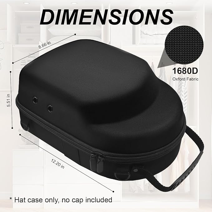 Hard Hat Travel Case for Baseball Caps 1 Piece Black - Hat Protector with Handle, Adjustable Shoulder Strap & Luggage Strap, Stores 6 Hats for Travel, Home, Gifts