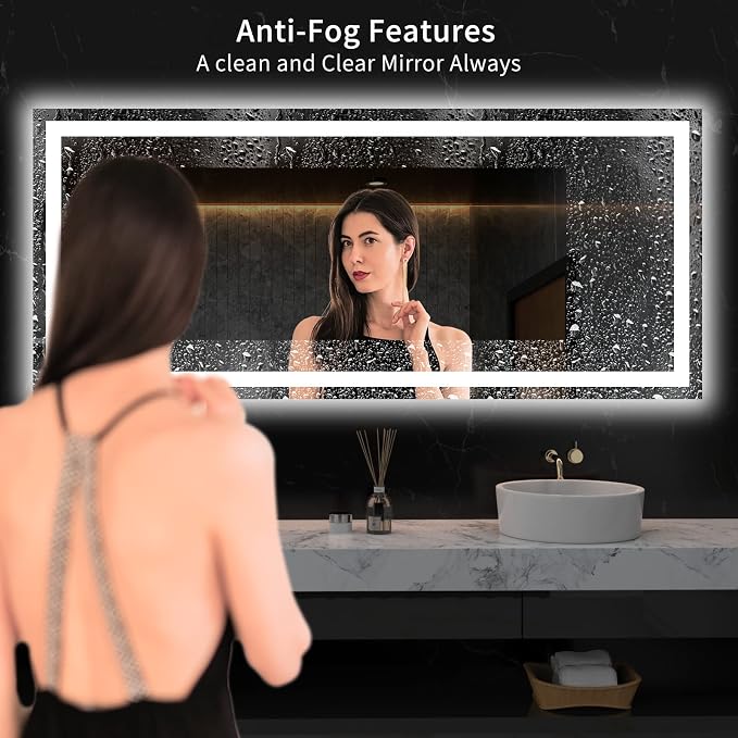 LOAAO 60"X28" LED Bathroom Mirror with Light, UL Listed | Anti-Fog, Dimmable, 3 Color Temperature, Backlit + Front Lit, Memory Function, Tempered Glass