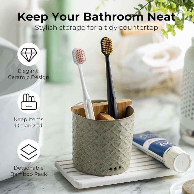 Zoeeker Toothbrush Holders for Bathroom with Drain Holes and Bamboo Divider | Ceramic Toothbrush and Toothpaste Holder, Detachable 3 Slots Electric Tooth Brush Cup Countertop Organizer for Family, Green