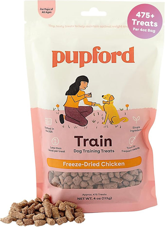 Pupford Freeze Dried Training Treats for Dogs & Puppies (Chicken, 4 oz) | 475+ treats per bag, Ultra low-calorie, Only 2 ingredients, All breed sizes, Mess free and bite sized, Trainer recommended