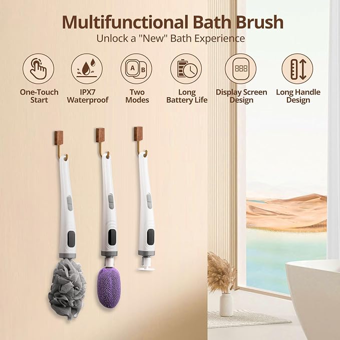 Electric Back Scrubber for Shower Waterproof Exfoliating Body Scrubber with 3 Replacement Heads & 2 Speed Modes for Skin Cleansing Massage Exfoliating Foot Callus Remover
