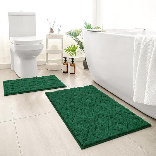 HOMEIDEAS Dark Green Bathroom Rug Set 2 Piece, 20"x32"+16"x24" | Soft Microfiber Tufted Bath Mats, Super Absorbent, Non Slip, Machine Washable for Everyday Use