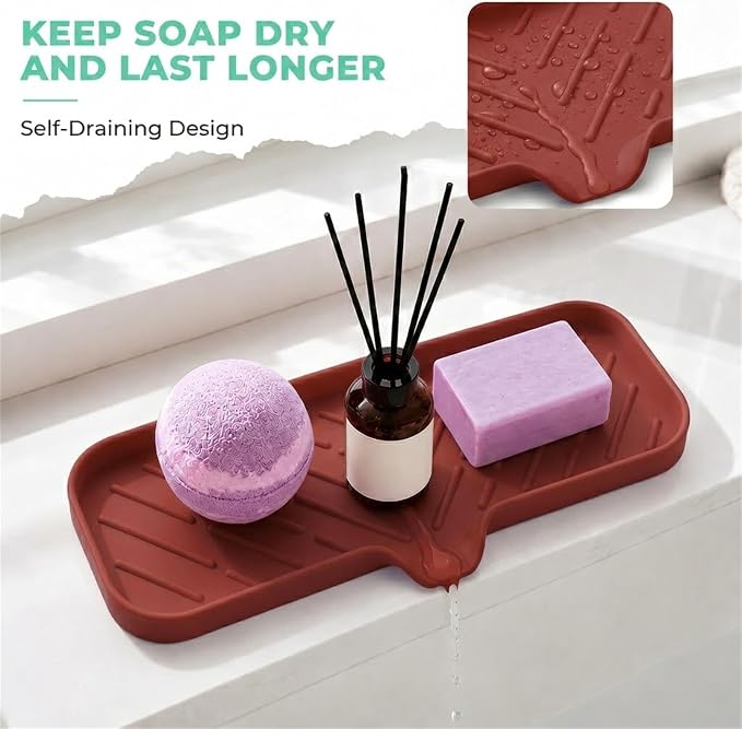 MicoYang Silicone Soap Dish with Drain Spout — Self-Draining Double Sink Organizer Tray for Kitchen & Bathroom, Dispensers, Sponges & Soap Holder, Non-Slip & Dishwasher Safe, Red (Large, 12"×4")