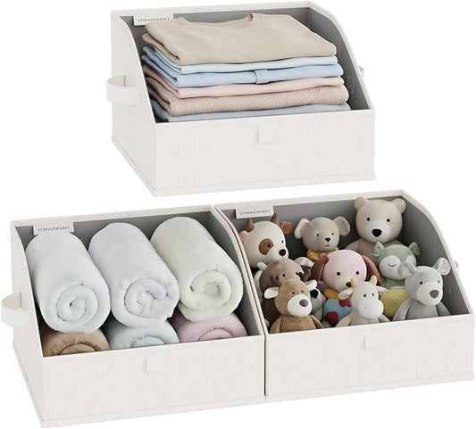 StorageWorks Closet Baskets for Shelves, Trapezoid Storage Bins, Closet Organizers and Storage, Clothes Organizing Bins, Small, 3-Pack, Mixing of Beige, White & Ivory