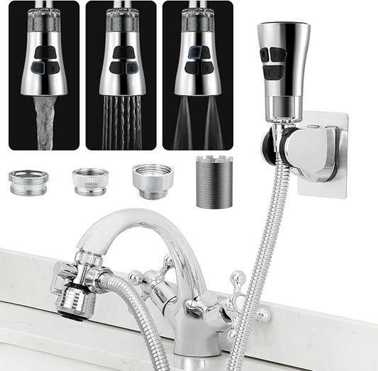 CECEFIN Kitchen Faucet Hose Attachment, 4-Mode ON/Off Sink Sprayer Head with Filter, 4.9Ft Stainless Steel Hose, Water Saving Aerator w/ 3-Way Diverter Valve for Hair Washing Laundry Room & Pet Shower