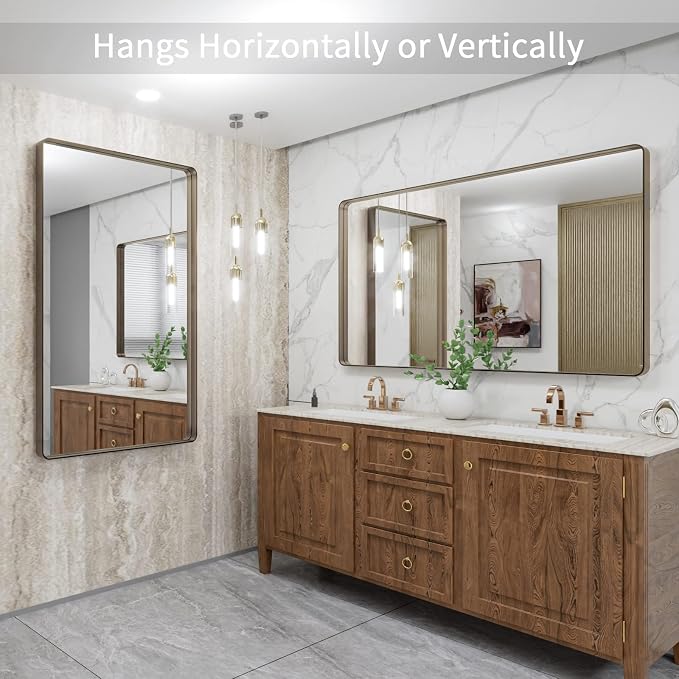 LOAAO 48"X30" Bronze Bathroom Mirror | Rounded Rectangle, Brushed Bronze Metal Frame, Anti-Rust, Tempered Glass, Hangs Horizontally or Vertically