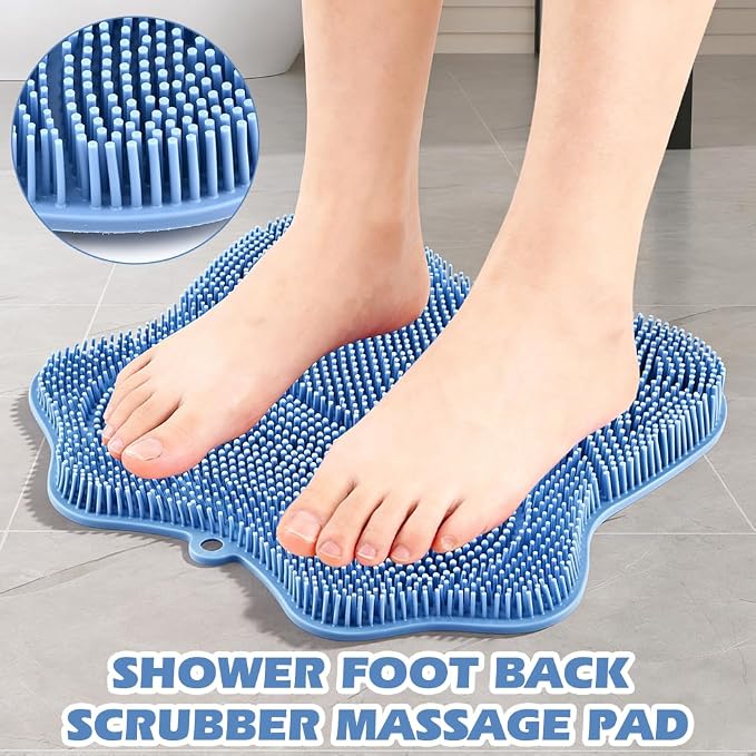 Shower Foot Scrubber Mat with Non-Slip Suction Cups & Hook,to Wall Mounted Back Scrubber Brush Mat,3 Type Brush Designs,for Deep Cleaning Shower Back Or Foot Exfoliating Massage