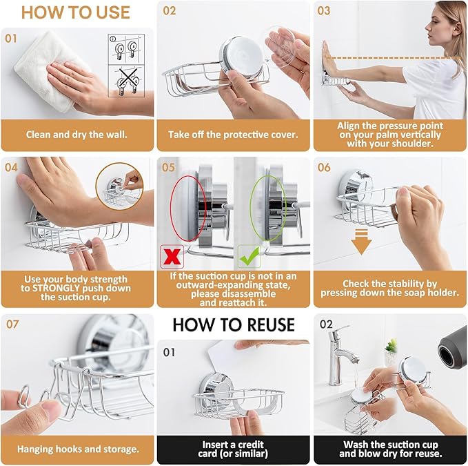 Soap Holder, Soap Dish for Shower, Suction Cup Bar Soap Holder | Soap Bar Holder for Shower, Wall Mounted Self Draining, NO Drill Sponge Holder for Bathroom, Bathtub Kitchen Sink, Silver