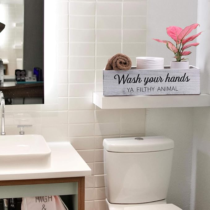 Bathroom Decor Box, Toilet Paper Basket With 2 Sides Signs, Farmhouse Tank Topper, Rustic Home Decor for Livingroom Kitchen (One Whitewashed Box)