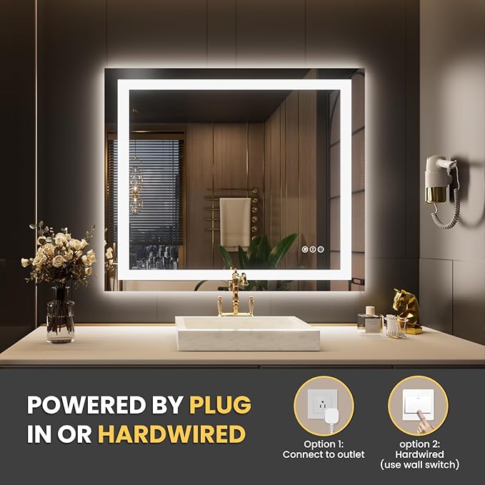 LOAAO 30"X38" LED Bathroom Mirror with Lights, UL Listed | Anti-Fog, Dimmable, 3 Color Temperature, Backlit + Front Lit, Memory Function, Tempered Glass